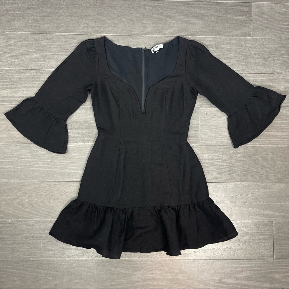 NWT LPA Revolve Dress 495 Black XS Linen Blend Ruffle Mini Minimalist Boho LBD - Picture 6 of 16